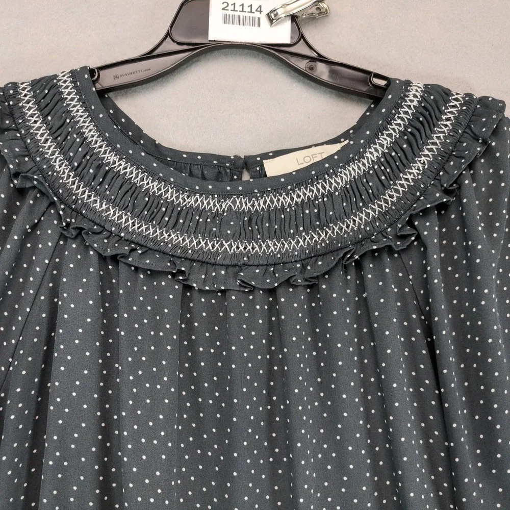 Loft Dotted Smocked Mixed Media Blouse Top Sz‎ M Gray Ruffle, Long Puff Sleeve